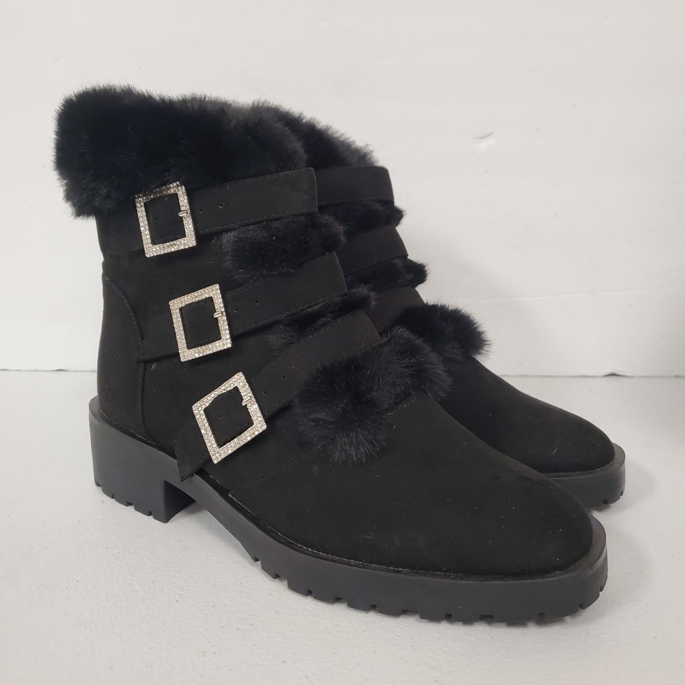 Nanette Lepore Womens Fur Trim Buckle Booties Size 7 Black Rhinestone Winter
